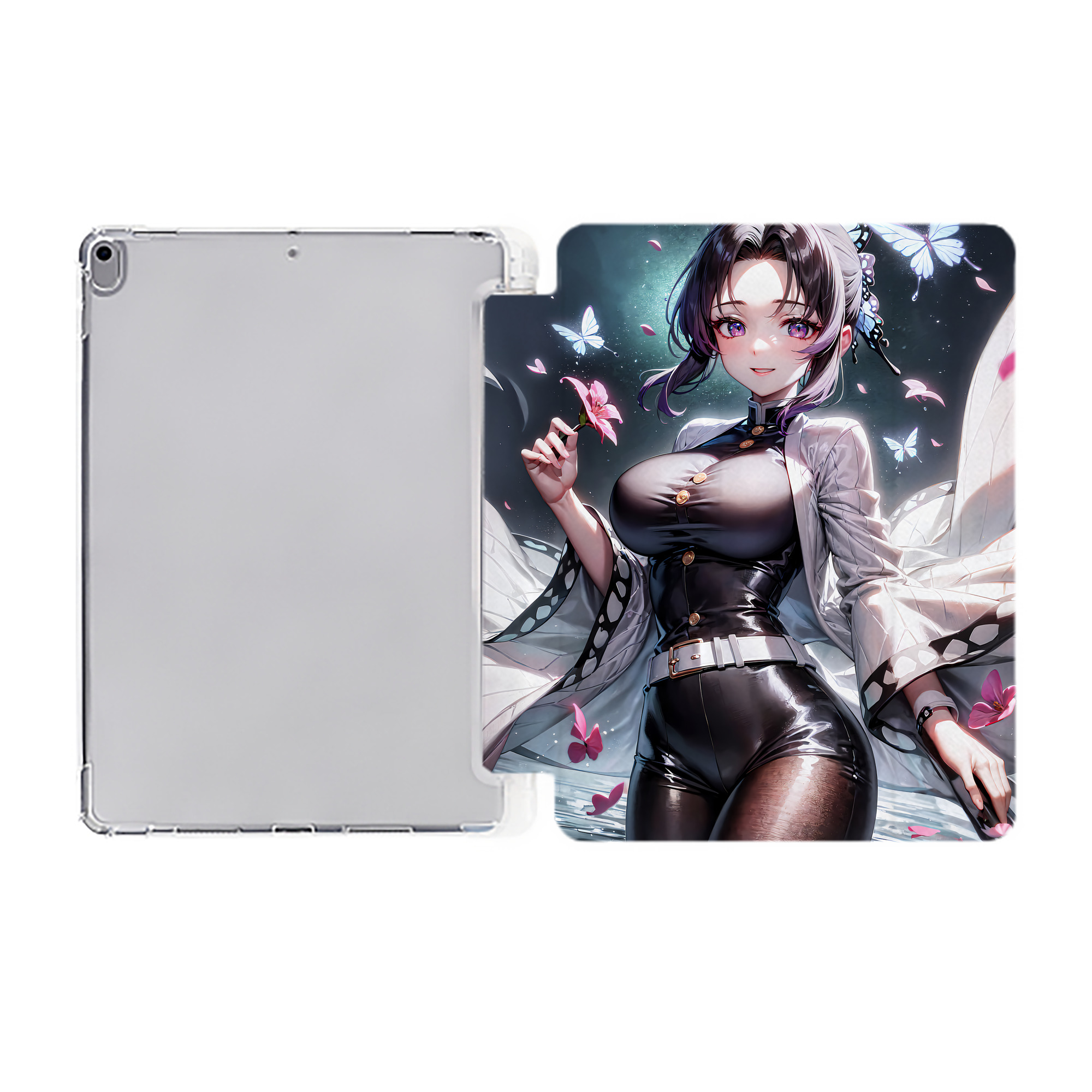 （画像用） 鬼滅の刃（きめつのやいば）蟲柱-胡蝶 しのぶ／こちょう しのぶ Kochou Shinobu IPad ケース ペン収納付き 三つ折りスタンド PUレザー×シリコン 対応機種9.5/10.5/10.9インチ